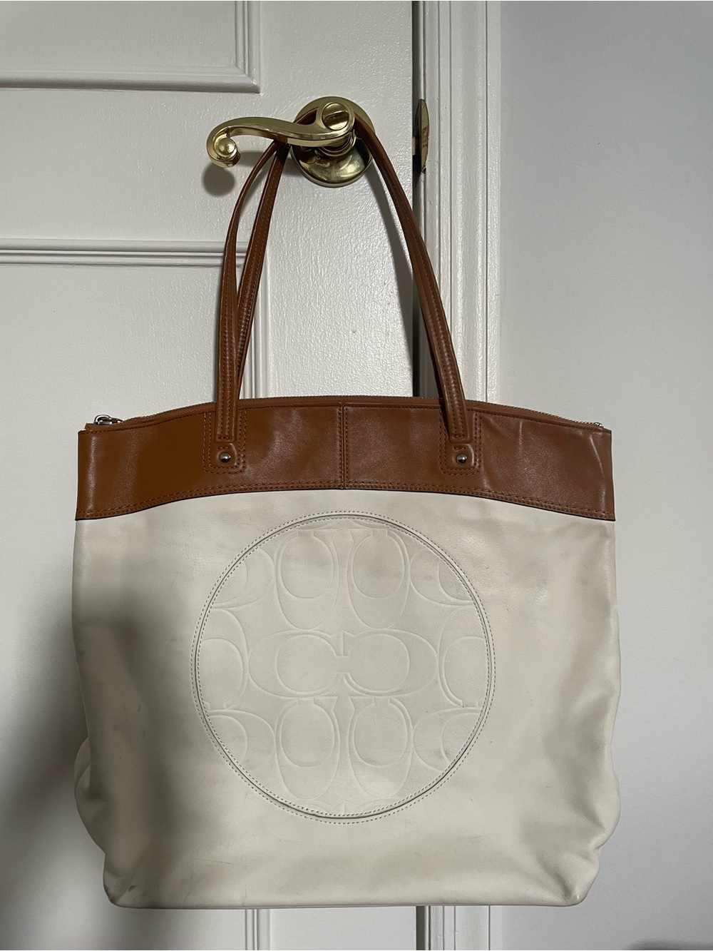 Coach White Canvas Tote with Brown Leather Trim